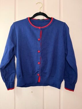 Liwisi Classic Blue Crewneck Cardigan with Red Trim szMed
